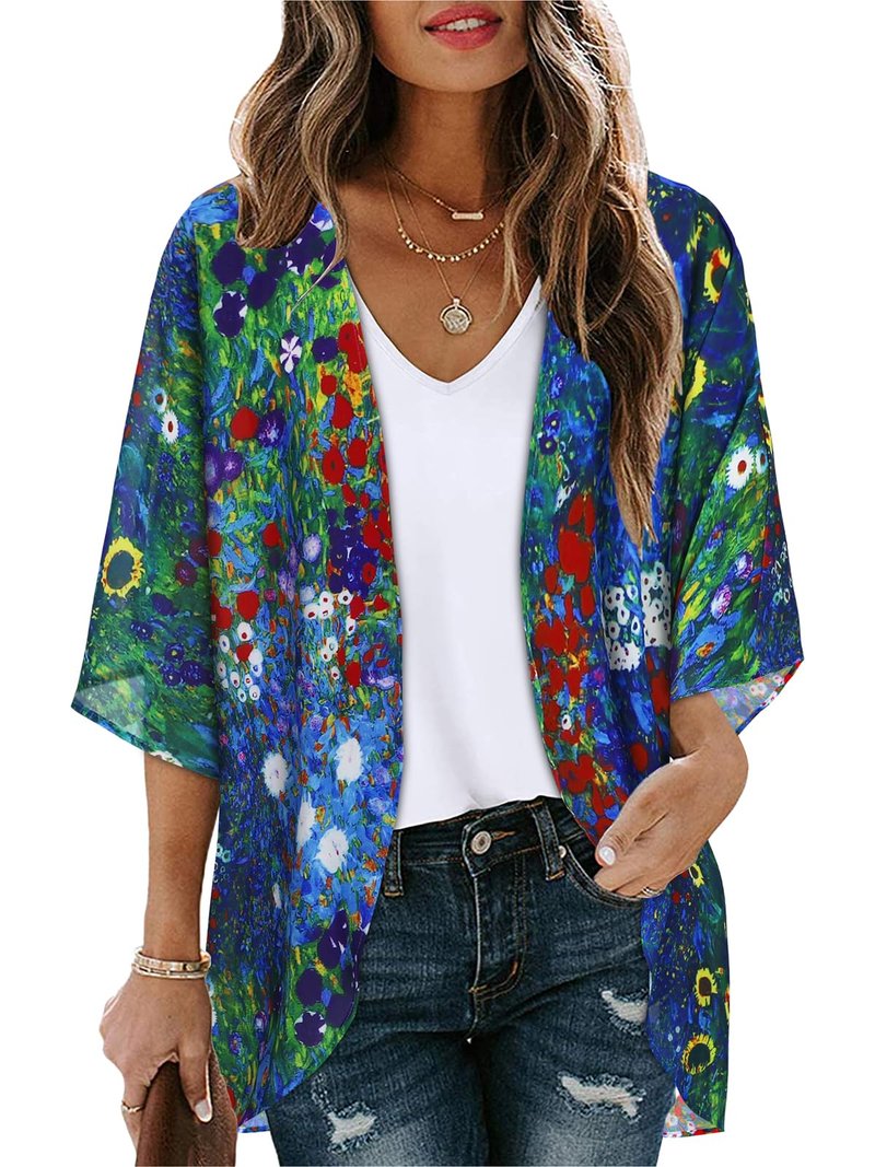 Summer Kimono Cardigan for Women Sheer Hawaii Tops Casual Open Front Swimwear Shirts Beach Cover ups (Green Daisy,3XL)