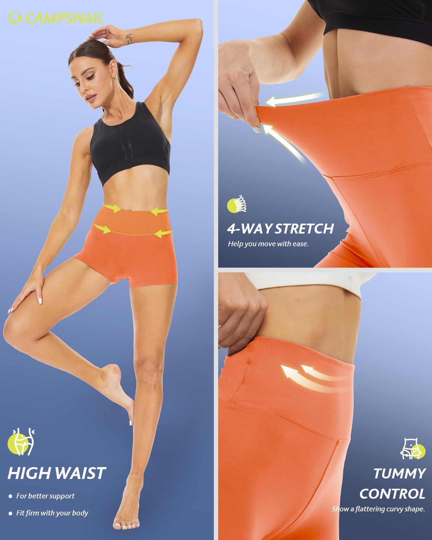 CAMPSNAIL Workout Biker Shorts Women - 3"/5"/8" High Waisted Tummy Control Spandex Booty Volleyball Shorts for Yoga Dance Orange