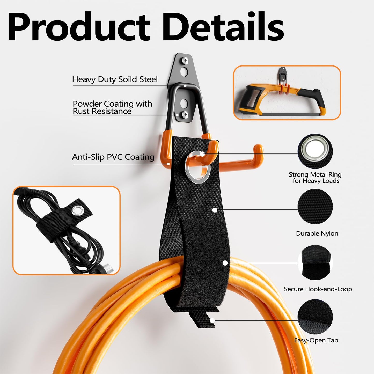 Kitmiido Steel Garage Storage Hooks - 12 Pack Anti-Slip Coating, Heavy Duty Wall Mount Hooks for Hanging Bike, Ladder, Garden Tools (Orange)