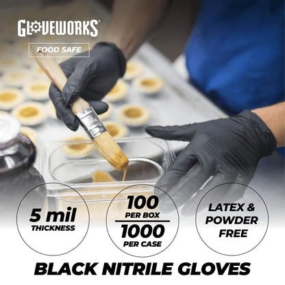 GLOVEWORKS Black Disposable Nitrile Industrial Gloves, 5 Mil, Latex & Powder-Free, Food-Safe, Textured, X-Large, Box of 100