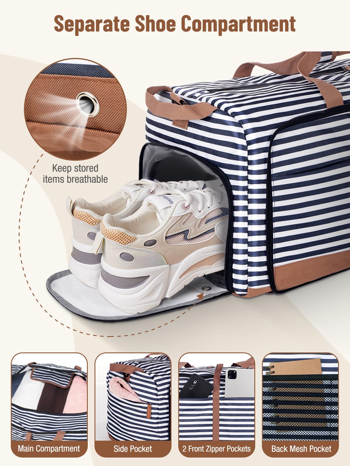 Lekesky Large Foldable Travel Duffe Bag - 150L Waterproof Holdall Luggage Bag with Shoes Compartment, Weekend Overnight Sports Bag for Women and Men(Striped, 84 * 42 * 43cm)