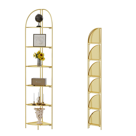 Crofy Foldable 6 Tier Corner Shelf, Metal Corner Plant Stand with Gold Frame and Gold Shelves, Corner Display Rack Multipurpose Shelving Unit for Living Room, Bedroom, Bathroom