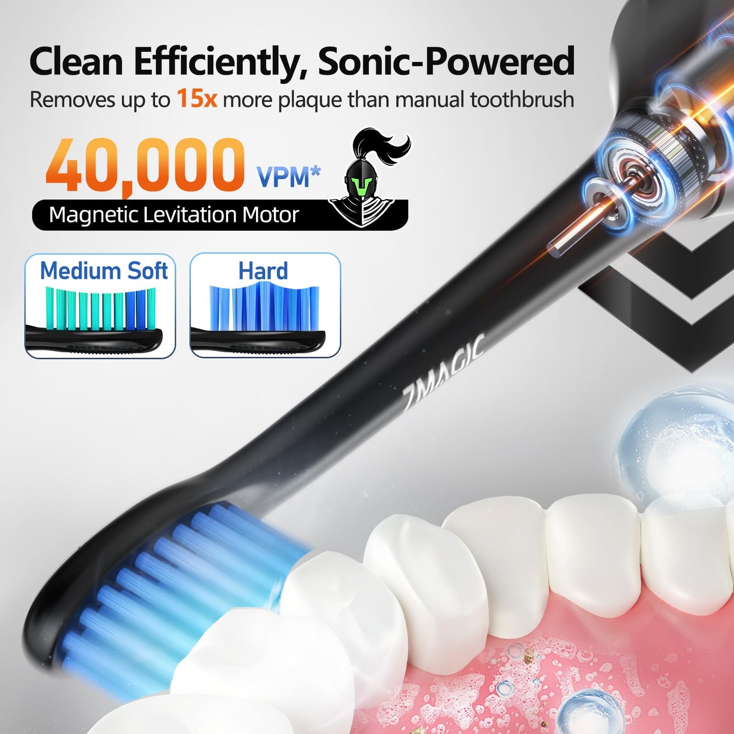 Electric Toothbrush, Sonic Toothbrush, Electric Toothbrush Adult with 3 Intensities 5 Modes, 40000 VPM & IPX7, Ultrasonic Toothbrush Electric with 90-Day Battery Life and Timer, Knight Black