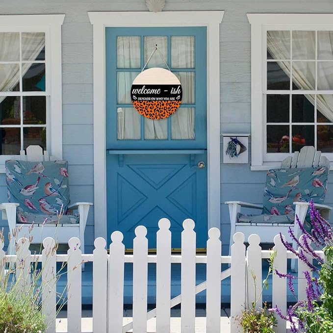 Welcome Sign for Front Door Decor Wreath Orange Leopard Print 12inch Decor Wood Hanging Door Sign for Home Outdoor Indoor