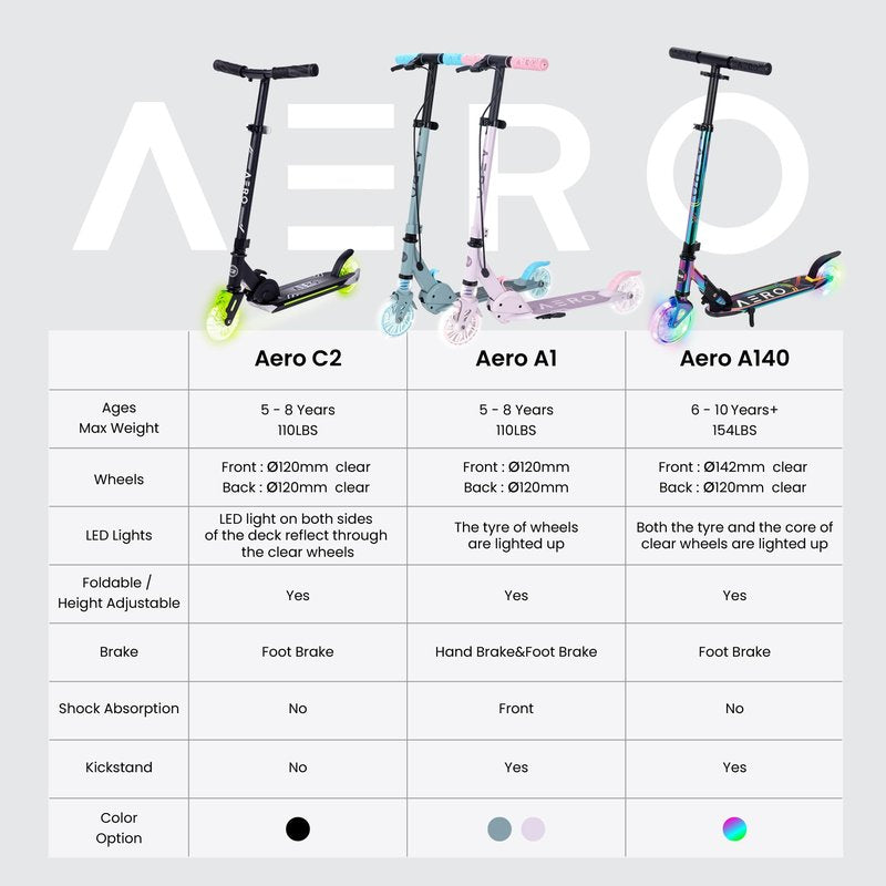 Aero Scooter for Kids 5-7 with Dynamic Lights | Boys Girls 2 Wheels Kick Scooter | Foldable & Height Adjustable, 110lbs Max