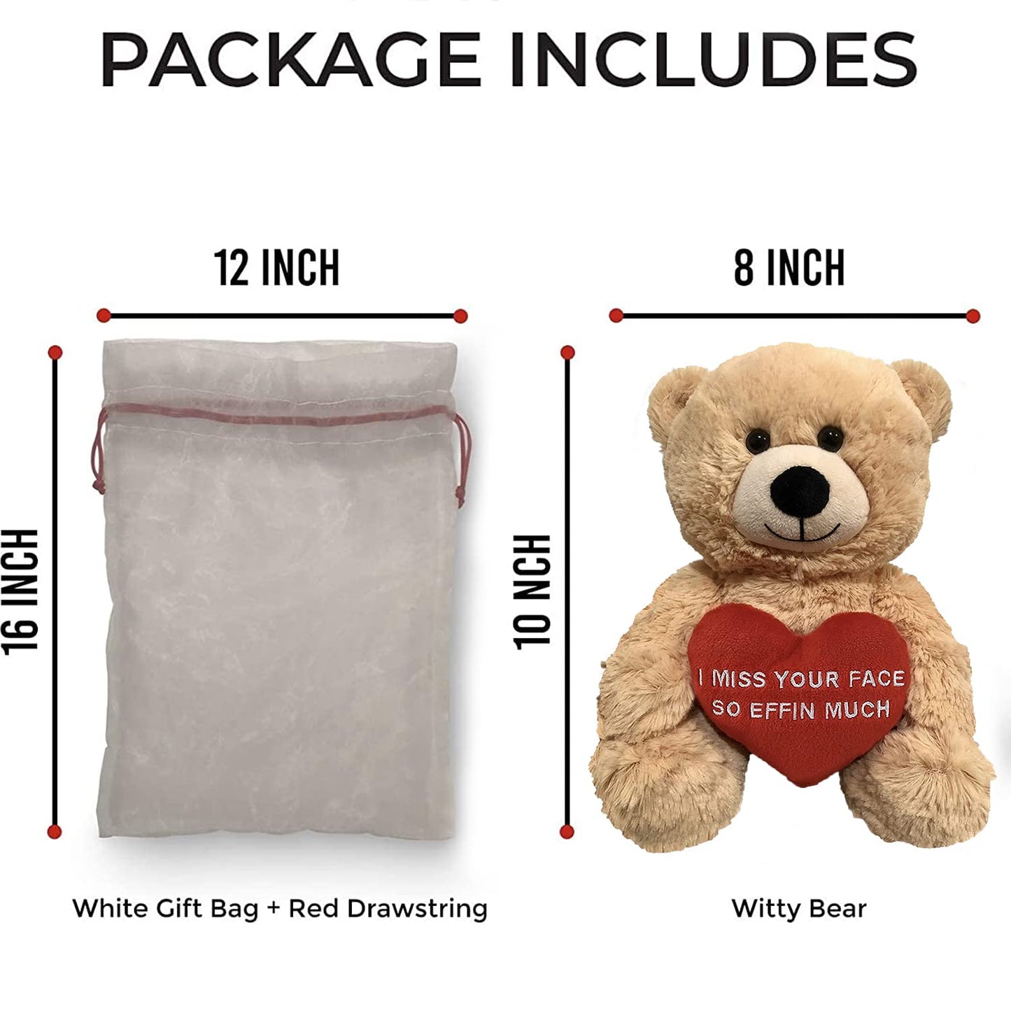 I Miss Your Face So Effin Much - 10" Teddy Bear & Gift Bag - Funny Stuffed Animal Plush Gift for Girlfriend, Boyfriend, Best Friend - Birthday, Anniversary, Valentines, or Long Distance - Witty Bears