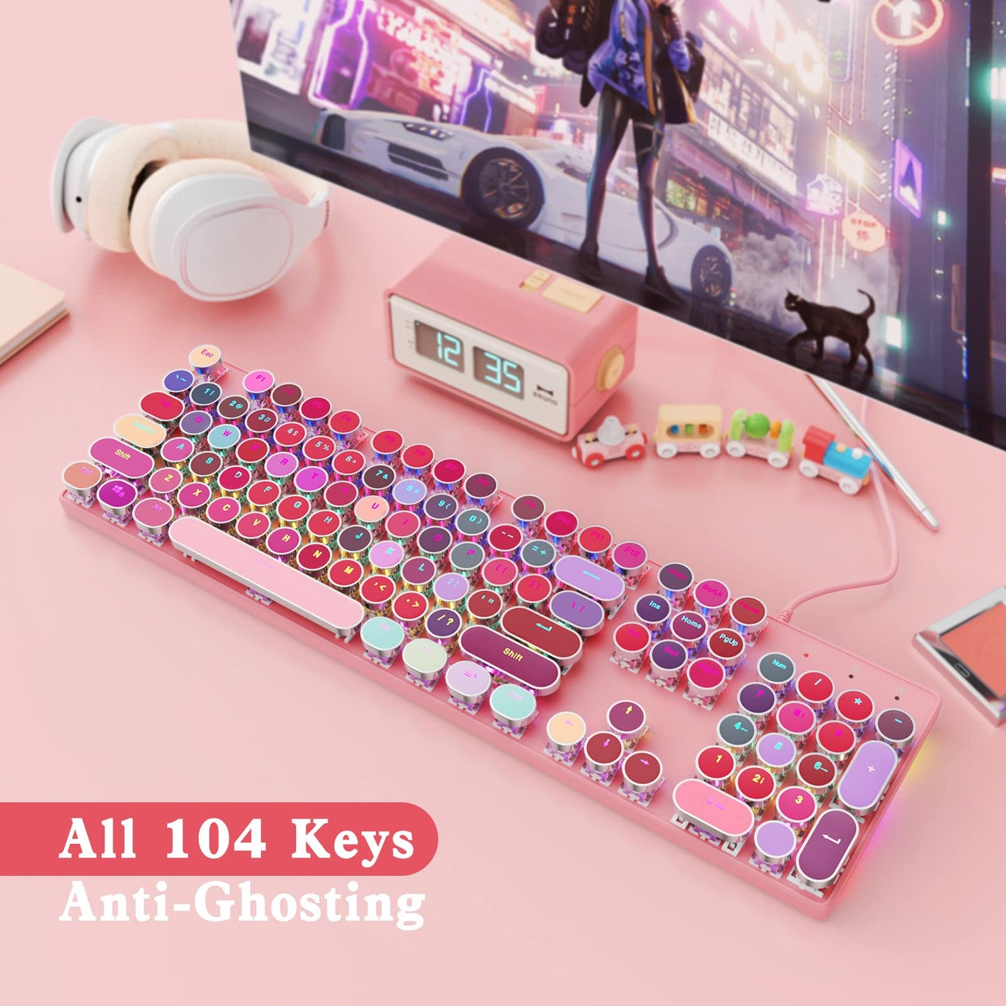 HUO JI Typewriter Mechanical Gaming Keyboard with RGB Sidelit and Rainbow Backlit, Retro Style, Red Switches, Metal Panel, Lipstick 104 Keys for Mac, PC, Cute Pink