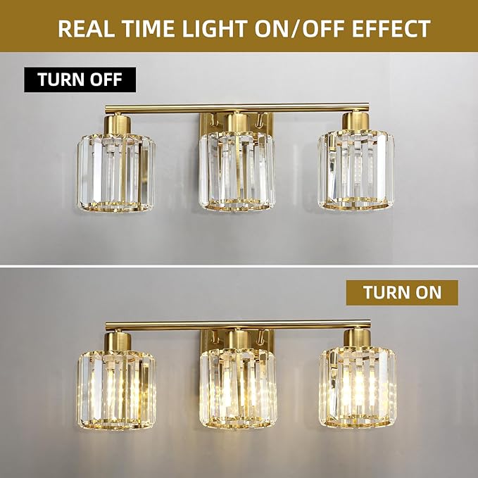 3 Lights Bathroom Vanity Light Fixtures, Modern Crystal Wall Lighting Fixtures, Wall Sconces, Wall Lamp for Over Mirror, for Bedroom Living Room Hallway