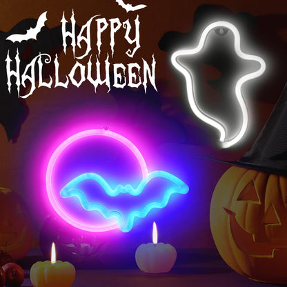 BRIGHTDECK 2 Pack Halloween Neon Signs, White Ghost, Blue Bat Full Moon Neon Lights Decorations, USB/Battery Powered Led Neon Sign for Halloween Wall Decor, Bedroom, Kids Gift, Bar, Party(Full Moon)