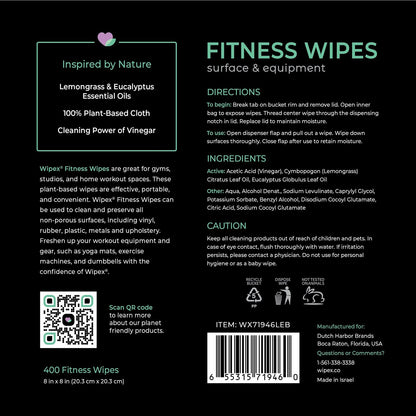 Wipex Yoga Mat Cleaner Wipes - Plant-Based Lemongrass, Eucalyptus & Vinegar Wipes for Gym & Fitness Equipment & All Purpose Gym Cleaning - Safe for Peloton Bikes & Treadmills - 400 Count