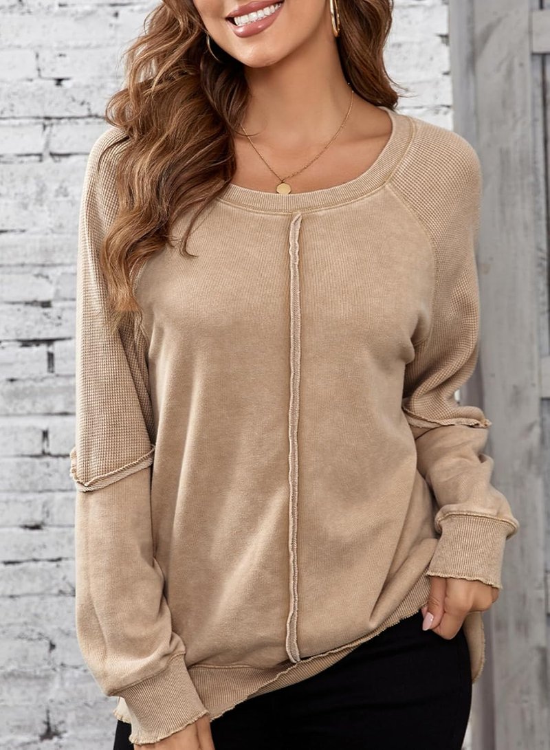 Women's Oversized Crewneck Sweatshirt - Casual Off-The-Shoulder Waffle Knit Pullover