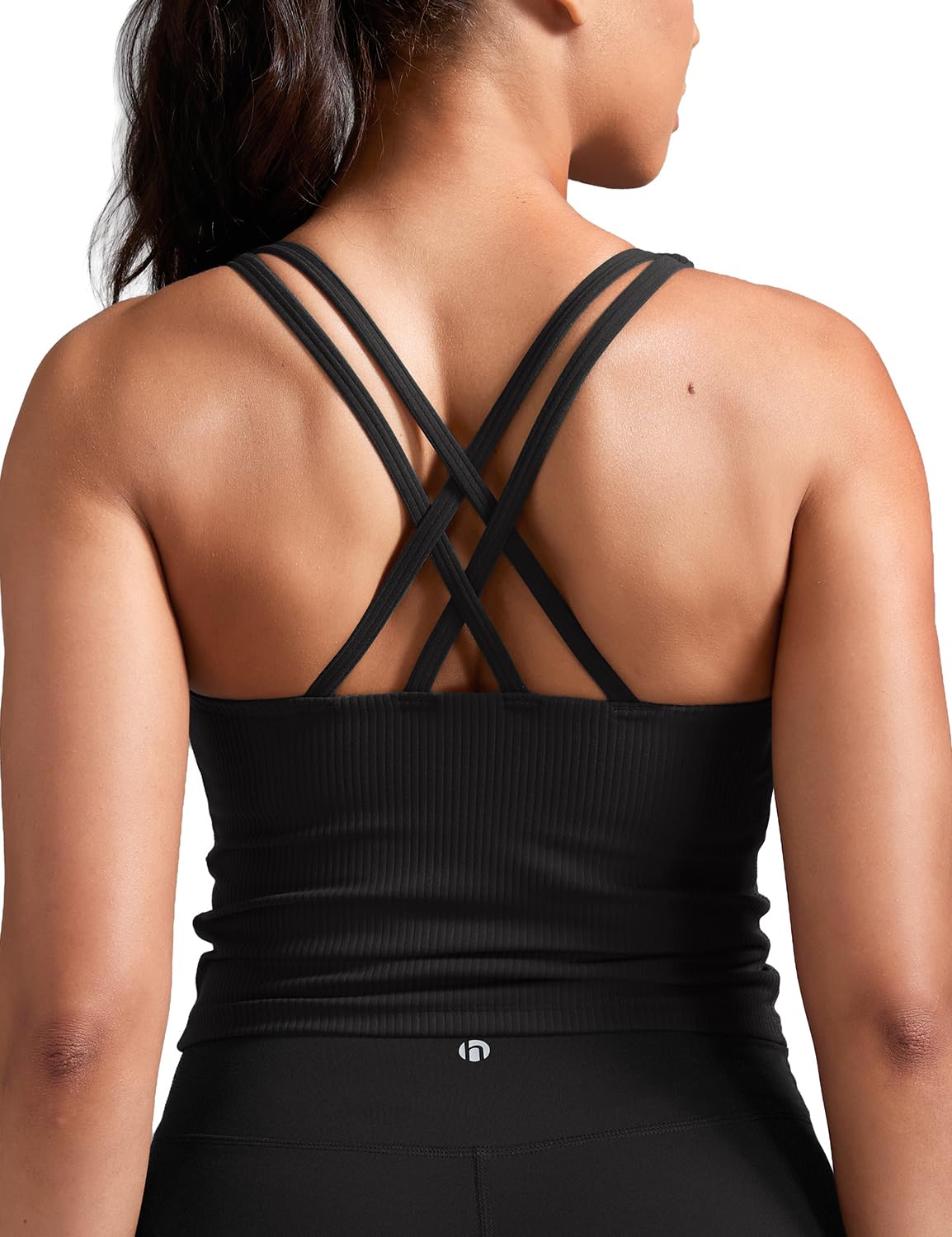 HeyNuts Zeal Longline Ribbed Sports Bras for Women, Medium Impact Wirefree Yoga Tank Tops Criss Cross Back Crop Tops Workout Bras Black M