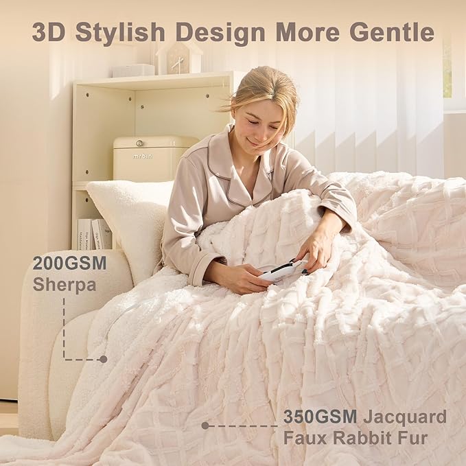 Heated Blanket Electric Throw with 6 Fast Heating Levels,4 Hours Auto-Off，Ultra Coza & Warm 50x60 Faux Rabbit Fur Electric Blanket with Overheating Protection,ETL Certification(Cream)