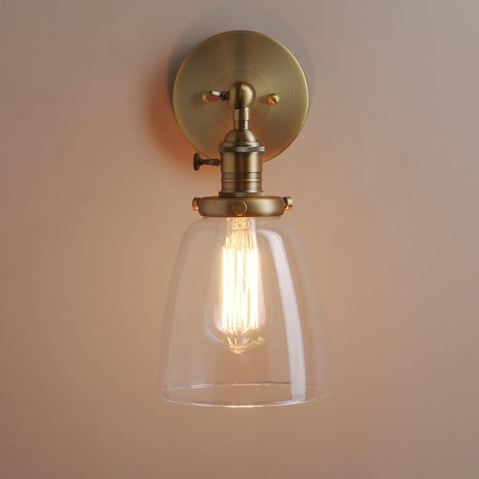 Pathson Loft Vintage Wall Light Dia 5.6" Wall Lamp with Oval Clear Glass Shade Design Vintage Industrial Home Wall Light Metal Base Cap Fixture Flush Mount Wall Sconce Lights (Brass)