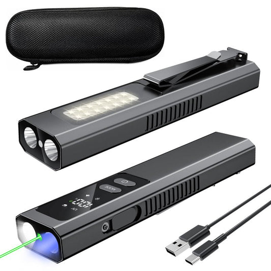 SSPONT EDC Flashlight 4 in1 Magnetic Flashlight High Lumens Work Light with Green Beam & UV & Warning Light Combo EDC Flashlight Rechargeable LT-010 (Black)