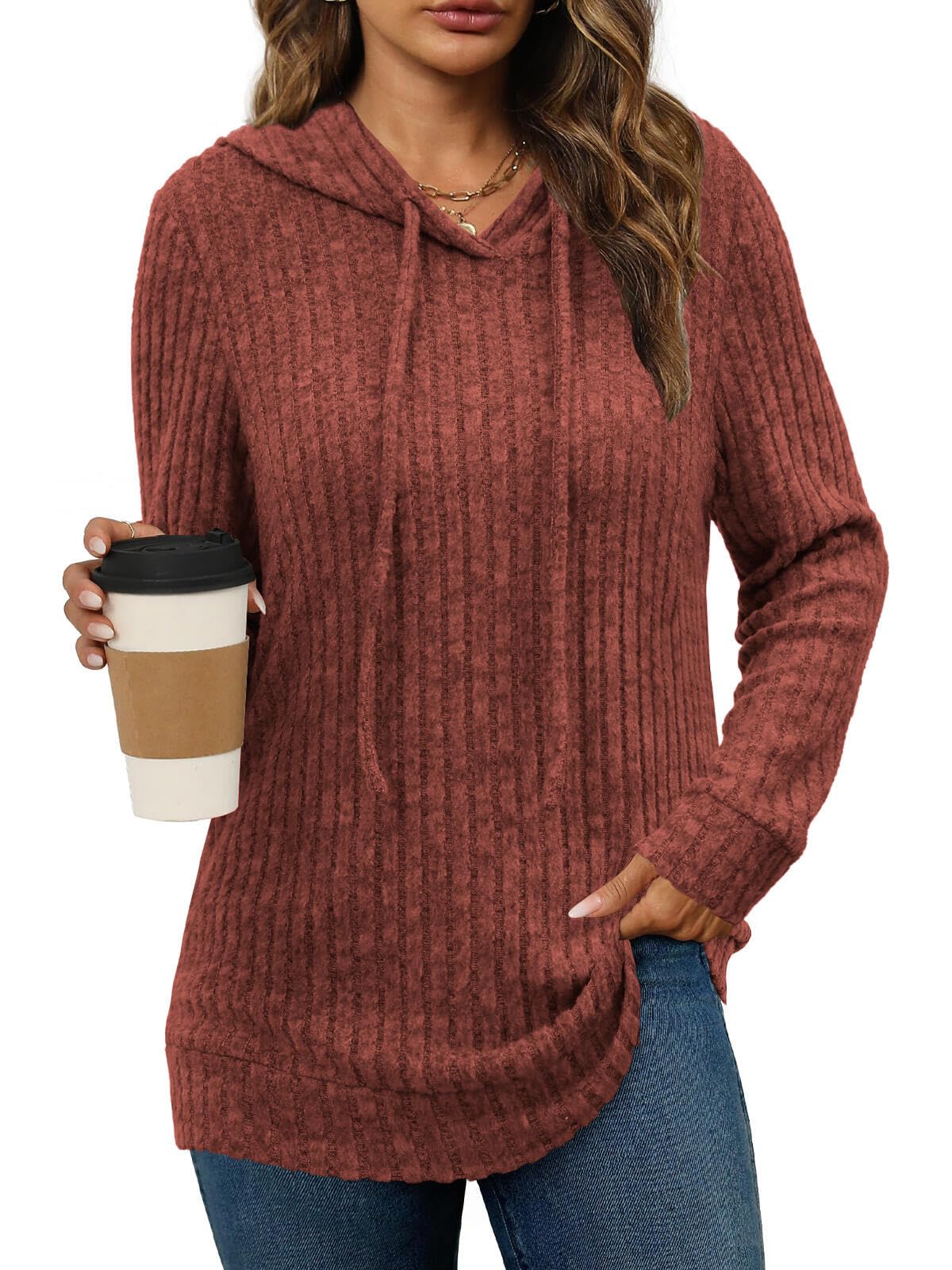 Womens Sweaters Early Fall Fashion Clothing 2025 Long Sleeve Shirts for Women Blouses Dressy Casual Hoodies Cute Tops Trendy Sweatshirts Christmas Holiday Halloween Outfits Winter Clothes Caramel M