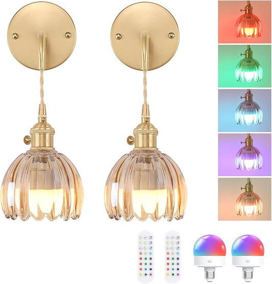 Battery Operated Wall Sconce with Amber Tulip Shade Pattern Glass Adjustable Chain Retro Gold Wall Mounted Light, Modern Wall Decor for Bedside Bedroom Indoor Doorway， Set of 2