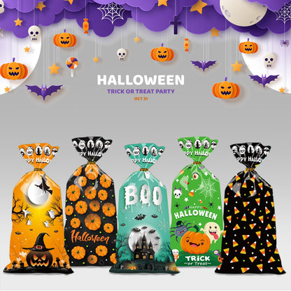 Halloween Treat Bags | 50 pcs (4.9” x 10.8” Inch) | Cellophane Candy Bags with Fun Scary Designs | Pumpkins, Witches Cello Bags | Halloween Party Decorations, Spooky Treat Bags