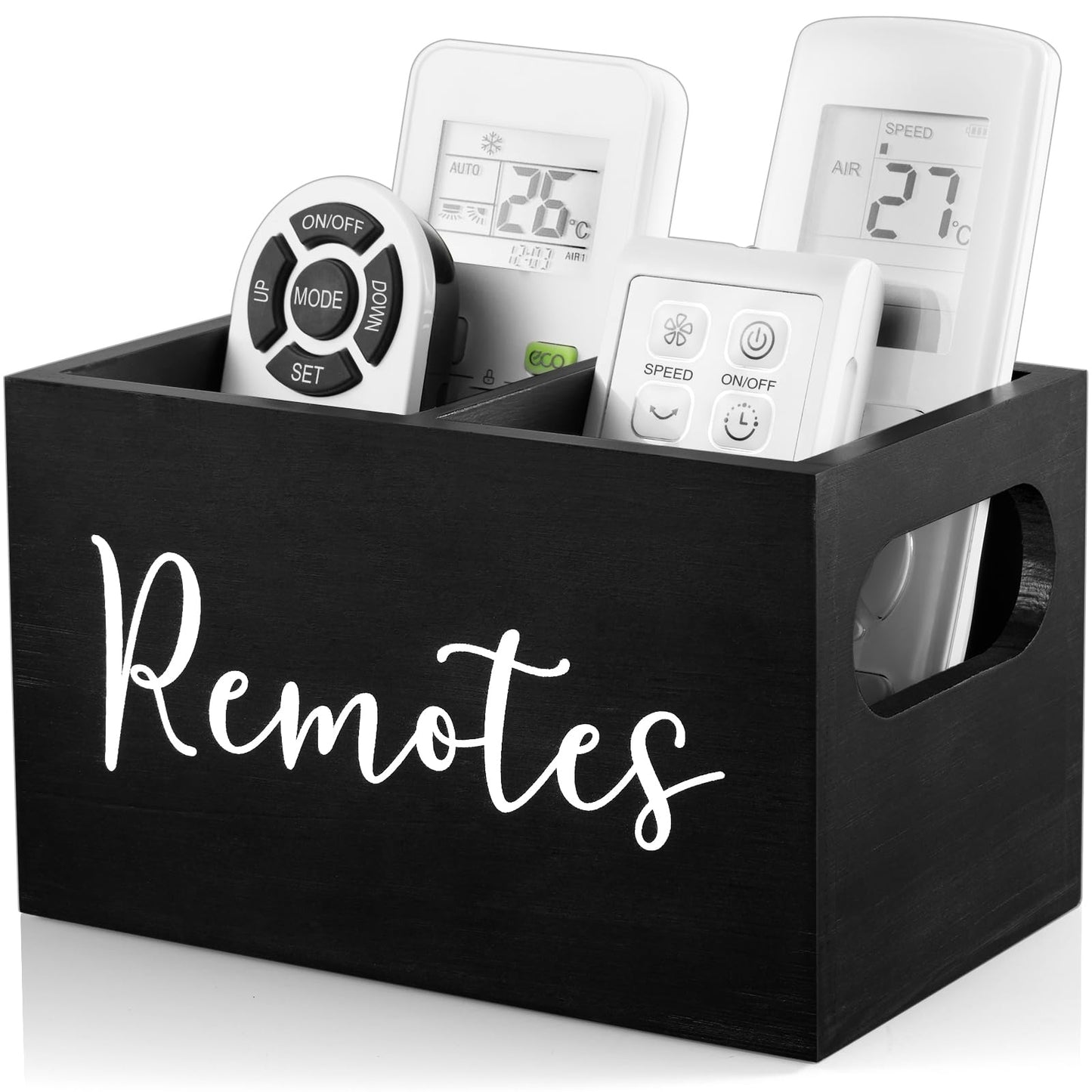 DRASTAR Remote Control Holder, TV Remote Holder, Remote Organizer Caddy for Table, Wooden Remote Box for Nightstand, Black Remote Caddy with 2 Slots