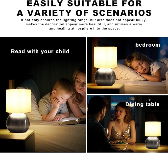 Modern Small Table Lamp Set of 2, Minimalist Nightstand Bedside Lamps with One-Button Inline Switch, 10.4 Inch Desk Light for Bedroom, Living Room,Including Light Bulb（Silvery）