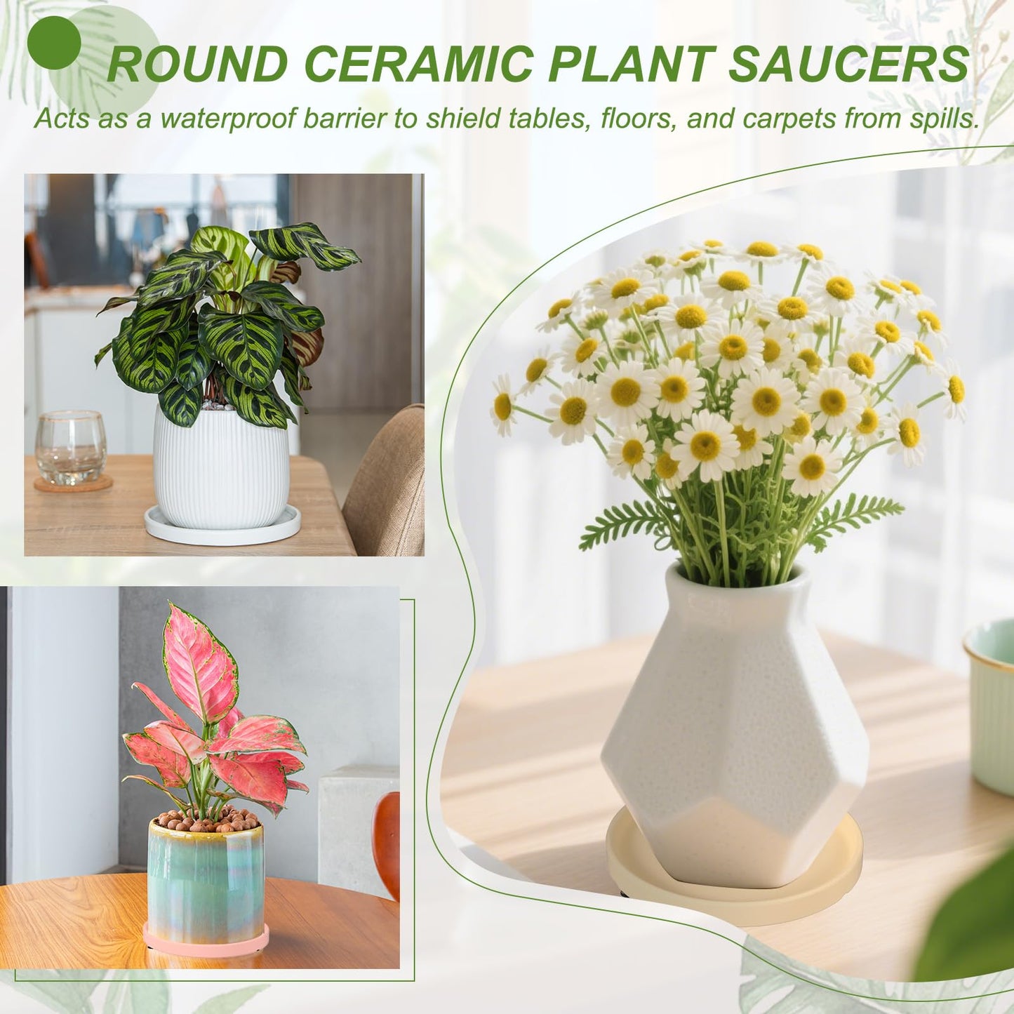 YELARXI 6.7 Inch Ceramic Plant Saucers, Round Flower Planter Water Trays Ceramic Plant Saucer Pot Tray -Fitting for (Outdoor/Indoors/Garden/Planting/Water/Flower/Coffee) Green