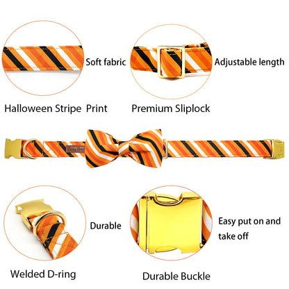 Elegant little tail Dog Collar, Fall Dog Collar Orange Stripe Holiday Pet Collar Dog Halloween Dog Bow Collar Pet Durable Adjustable Girl Boy Dog Collar for Small Dogs
