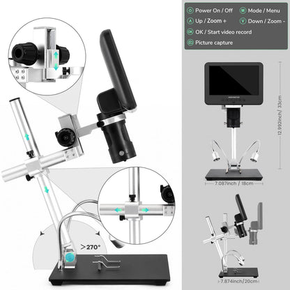 Andonstar AD246S-M HDMI Digital Microscope 2000x for Adults, 3 Lens 2160P UHD Video Record, 7 Inch LCD Soldering Microscope for Electronics Repair, Error Coins, Pro Boom Arm Stand, Windows Compatible