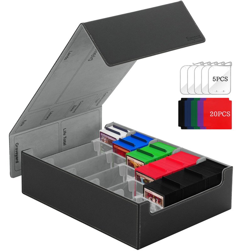 5 Row Trading Card Storage Box, 3800+Bulk Card Organizer Box with 20 Dividers & 5 Supporters, Graded Card Deck Box for YuGiOh, MTG, TCG Black/Grey