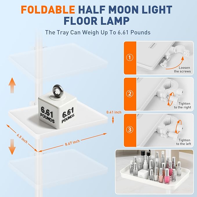 KIRKAS Lash Light Half Moon Lamp with Tool Tray, Flexible Gooseneck Lash Nail Tech for Esthetician Eyelash Extension, Tattoo, 18 Inch LED Floor Lamp with Roller Base Adjustable Brightness Color-White