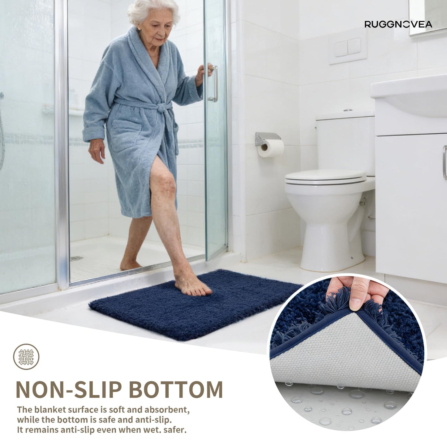Ruggnovea Bathroom Rugs Non Slip Washable, Ultra Thick Soft Microfiber Absorbent Bath Mats, High Density Foam Latex Non Slip Backing Bath Rugs, Fluffy Floor Carpet for Tub&Shower 24x17, Navy