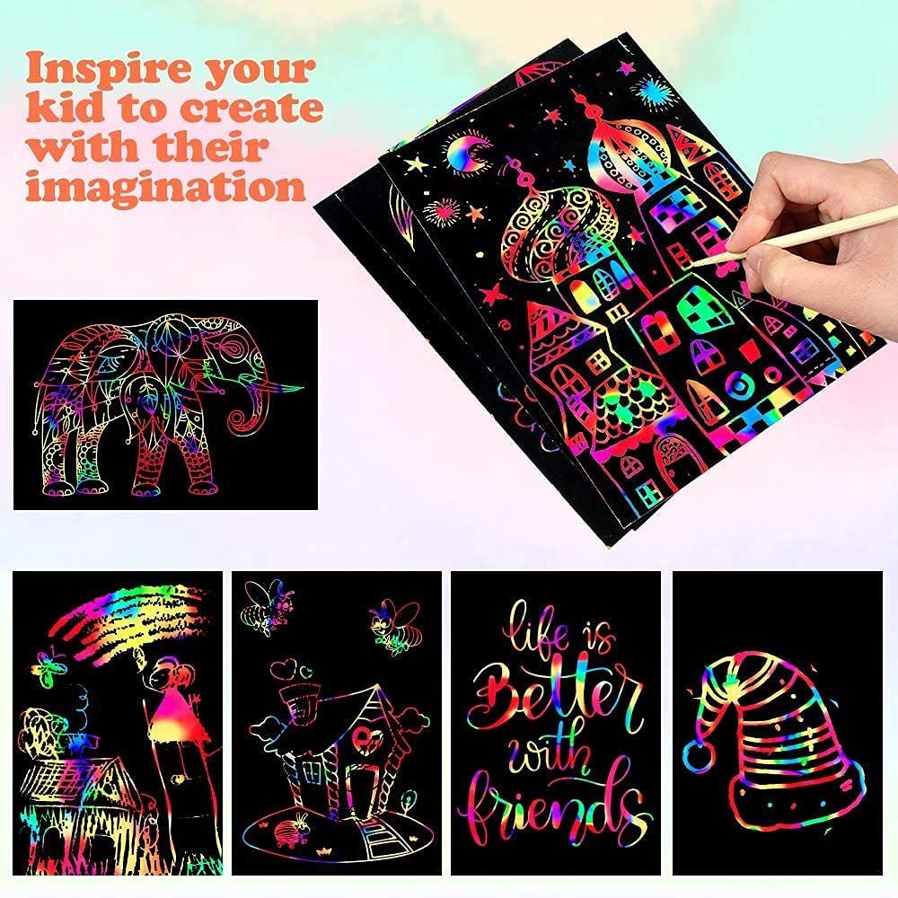 Mocoosy 60 PCS Rainbow Scratch Art Paper for Kids, Magic Scratch Paper Set Art Craft Supplies, Black Scratch Sheets Party Game Activities Christmas Birthday Gifts Girls Boys 3 4 5 6 7 8 9 10 Years Old