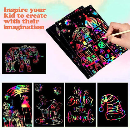 Mocoosy 60 PCS Rainbow Scratch Art Paper for Kids, Magic Scratch Paper Set Art Craft Supplies, Black Scratch Sheets Party Game Activities Christmas Birthday Gifts Girls Boys 3 4 5 6 7 8 9 10 Years Old