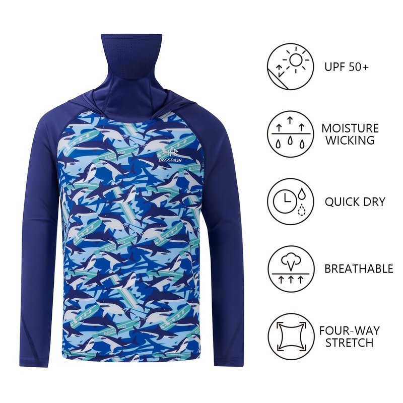 BASSDASH Youth UPF 50+ Hooded Shirts with Mask UV Neck Gaiter Sun Protection Long Sleeve T Shirt for Fishing Swim