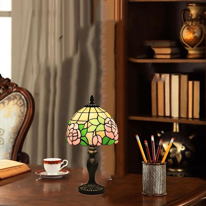 Small Tiffany Table Lamp,3 Color Temperature Pink Rose Stained Glass Table Lamps for Living Room, Dining Room,Bedroom Bedside Nightstand Night Light,W/LED Bulb,8X8X15Inch
