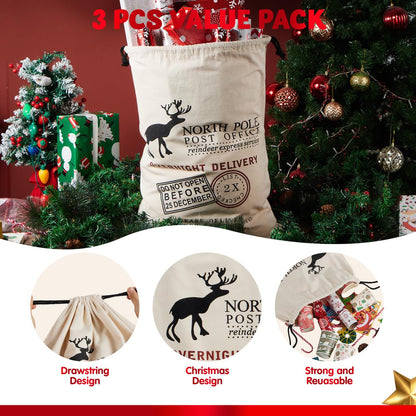 JOYIN 3 PCS Christmas Large Canvas Gift Bag 26" x 19", Drawstring Santa Burlap Sack Reusable Personalized Cloth Pouch for Xmas Presents Package, Party Supplies, Hoilday Decoration