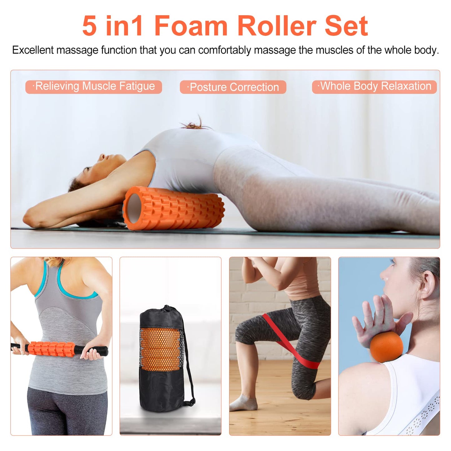 5 in 1 Foam Roller Set: Trigger Point Roller, Yoga Stick, Massage Ball, Fitness Stretching Strap, Carrying Bag, Towel for Deep Muscle Massage, Pilates and Yoga