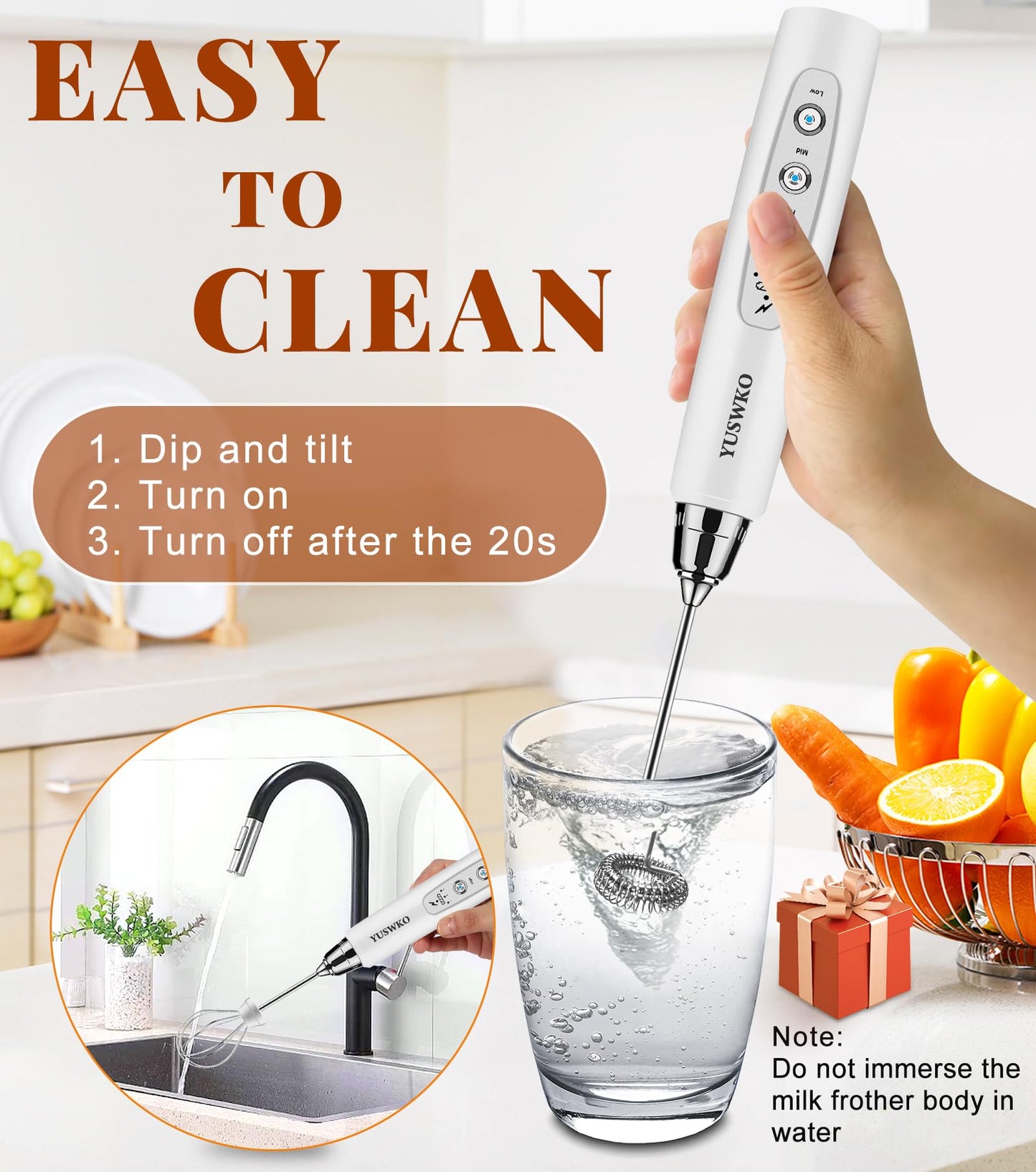 YUSWKO Black Handheld Milk Frother Wand for Coffee, Rechargeable Electric Whisk with 3 Heads 3 Speeds Drink Mixer Coffee Frother For Latte, Cappuccino, Hot Chocolate, Egg