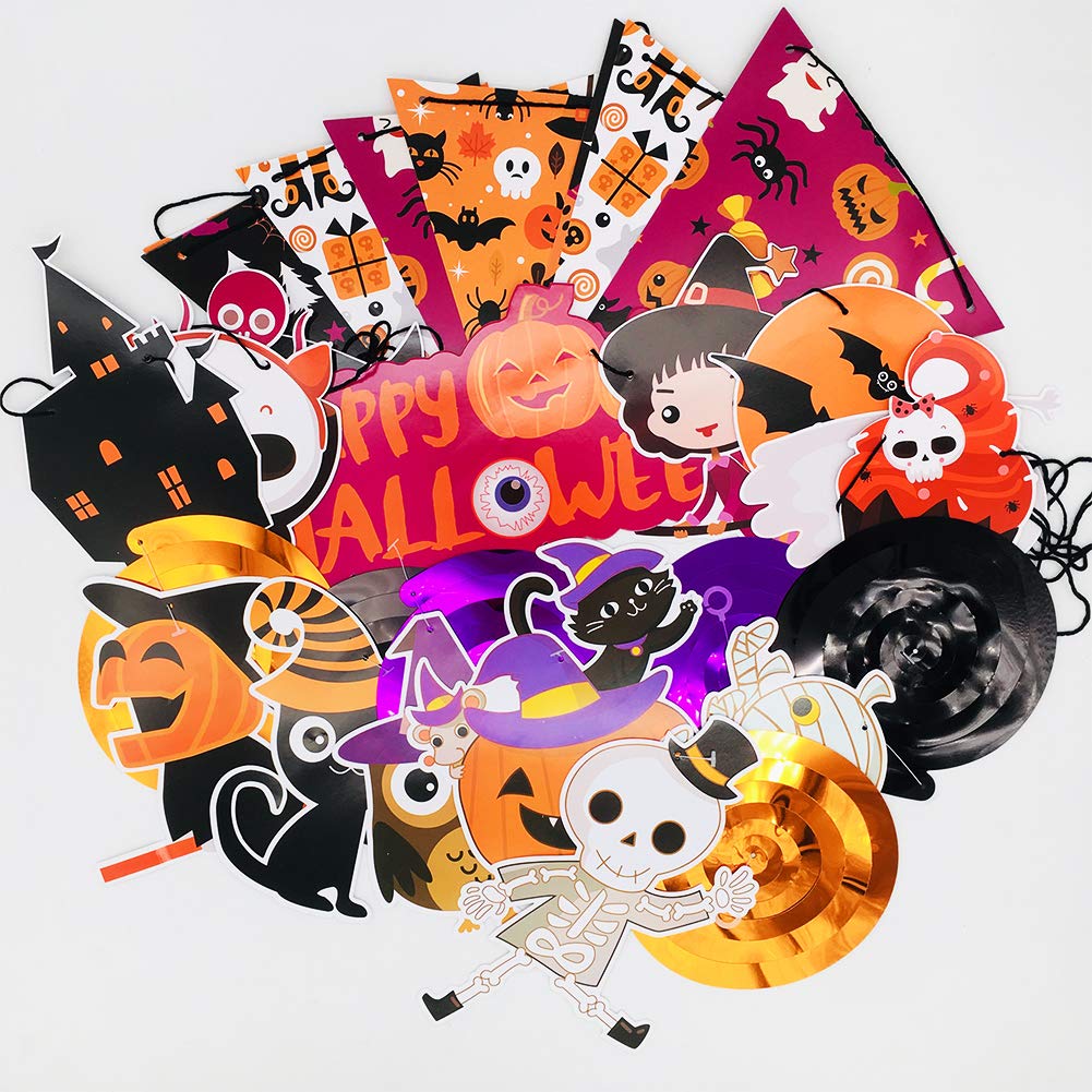 2025 Halloween Banner Party Decoration（Pre-Assembled） Cute Halloween Garland Bunting Banner Triangle Flag with Foil Swirl Ceiling Hanging Cards, Pumpkin Ghost Witches Bat Spider Skull Sticker