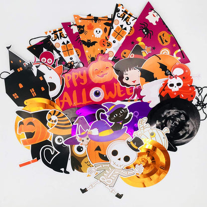 2025 Halloween Banner Party Decoration（Pre-Assembled） Cute Halloween Garland Bunting Banner Triangle Flag with Foil Swirl Ceiling Hanging Cards, Pumpkin Ghost Witches Bat Spider Skull Sticker