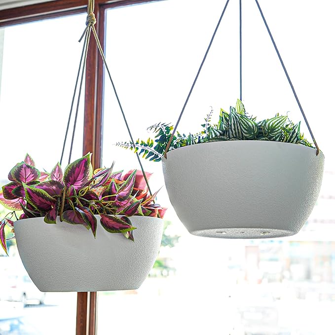 12 Inch 2 Pack Large Hanging Planters for Indoor Outdoor Plants, Plastic Hanging Basket Pots for House Plants Flowers, White