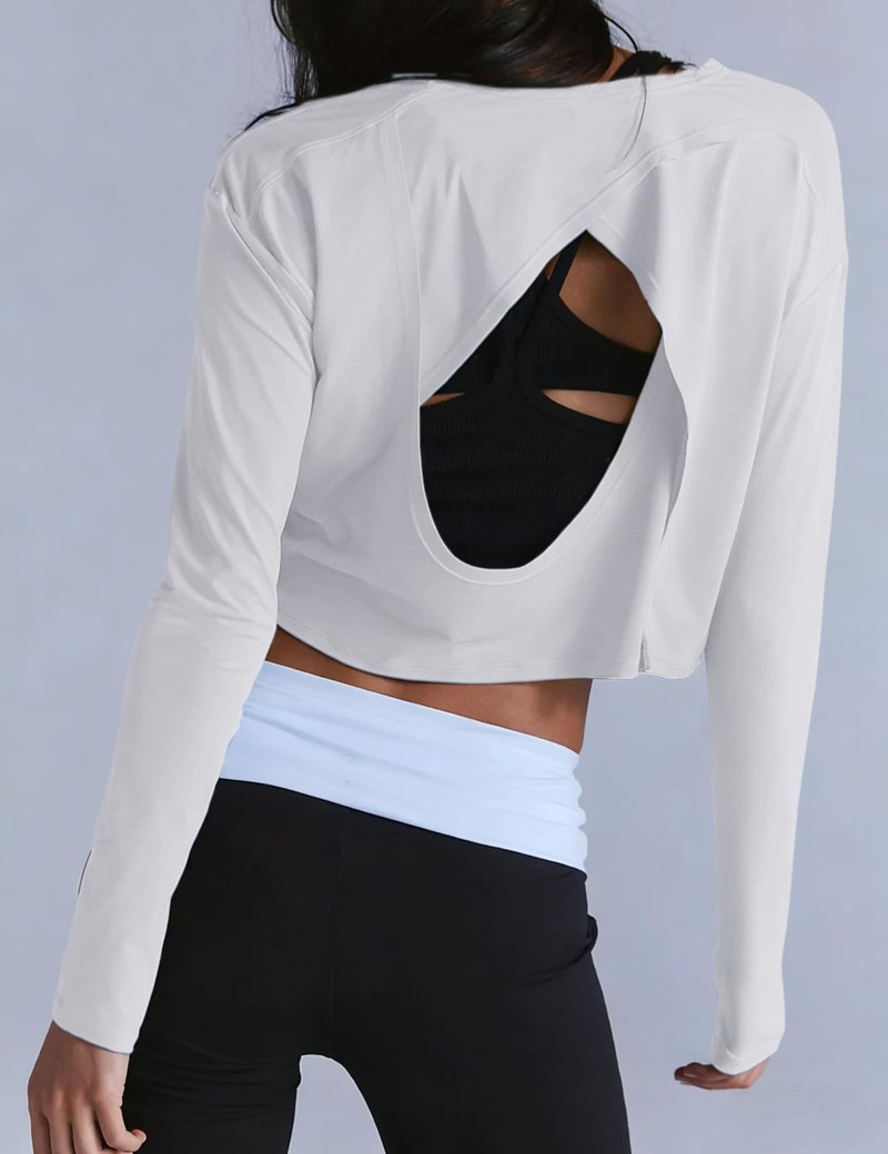 Lviefent Womens Open Back Workout Tops Long Sleeve Cropped Athletic Shirts Blouse Layer Gym Sportswear (White-S)