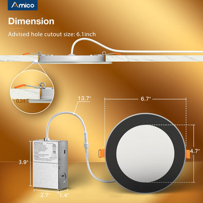 Amico 24 Pack 6 Inch 5CCT LED Recessed Ceiling Light with Night Light, 2700K/3000K/3500K/4000K/5000K Selectable Ultra-Thin Recessed Lighting, 12W=110W, 1100LM, Dimmable Canless Wafer Downlight ETL&FCC