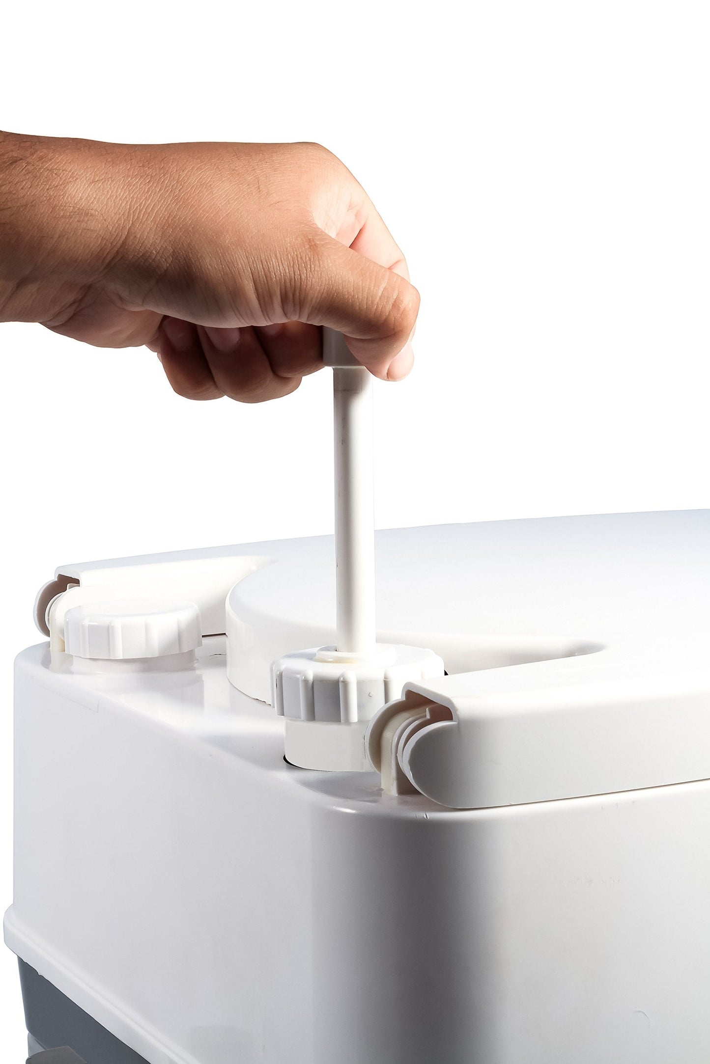 Camco Premium Portable Travel Toilet With Three Directional Flush and Swivel Dumping Elbow | Designed for Camping, RV, Boating And Other Recreational Activities - (5.3 gallon) (41545),White