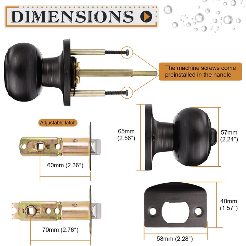 Probrico Privacy Door Knob with Lock, Interior Door Knob for Bathroom Bedroom, Oil Rubbed Bronze, Ball Knob Style, 1 Pack