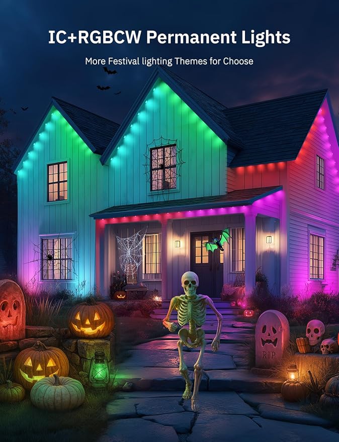 150FT Permanent Outdoor Lights Pro, 75 IC+RGBCW Smart Eaves Lights with 48 Scene Modes, IP67 Waterproof Outside Halloween Christmas String Lights for House All Year Decor, APP/Remote Control