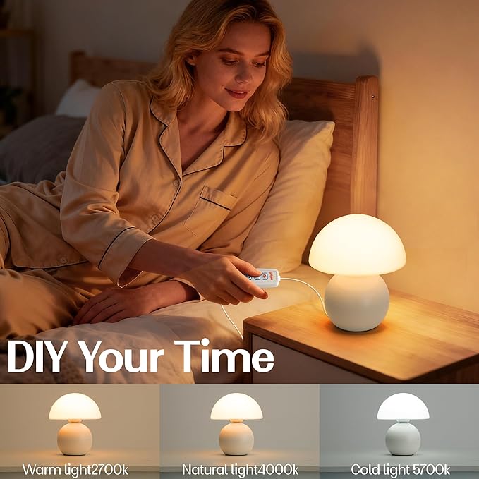 Small Mushroom Lamp,USB-Plug in Bedside Table Lamps with 3-Temperature LED Bulb Dimmable,Unique Cute Aesthetic Home Decor for Living Room,Bedroom, Modern Ceramic Base Glass Lamp(White)