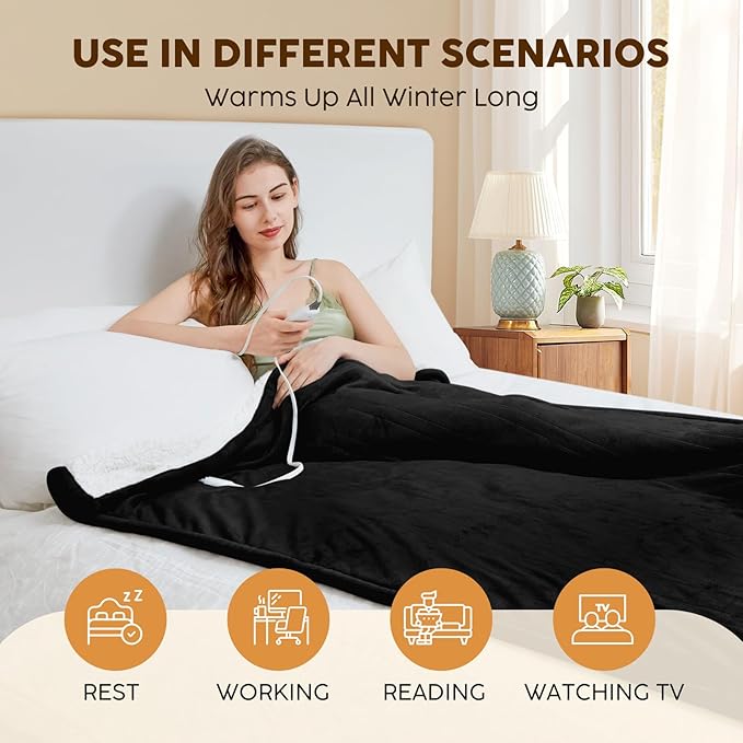 HYLEORY Heated Electric Blanket Full 72"x84" Soft Fleece & Flannel with 5 Heating Levels & 10 Hours Timer Auto Shutt Off, ETL Certified, Washable，Heated Blanket for Body-Black