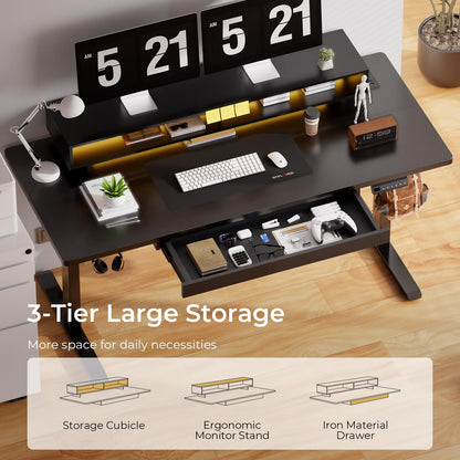 GTPLAYER Electric Standing Desk with Drawers, 55 x 24 Inch Height Adjustable Gaming Desk with Monitor Stand, Power Outlets & LED Lights, Home Office Sit Stand Up Desk with Memory Preset Controller