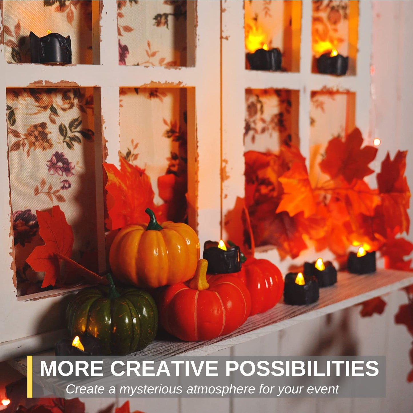 Homemory 24-Pack Melting Black Candles Battery Operated Tea Lights, Halloween Flameless Flickering Candles, Ideal for Holiday Decor, Theme Party, 1.58" Dia X 1.2''H, Warm White Glow