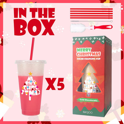 OZMOJOO Christmas Color Changing Cups with Lids and Straws, Reusable Tumblers for Cold Drinks, 5 Pack Holiday Gift Party Cups for Kids, Teens & Adults, 24 oz, Red